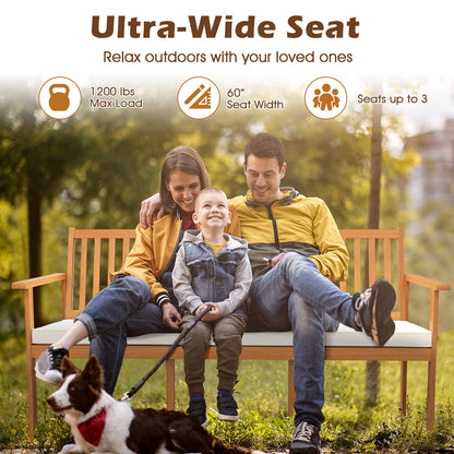 Outdoor 3-Seat Wood Bench with Seat Cushion and Slatted Seat-White - Tampa Home & Garden Store