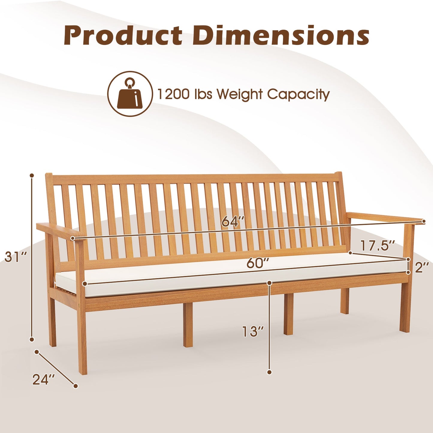 Outdoor 3-Seat Wood Bench with Seat Cushion and Slatted Seat-White - Tampa Home & Garden Store