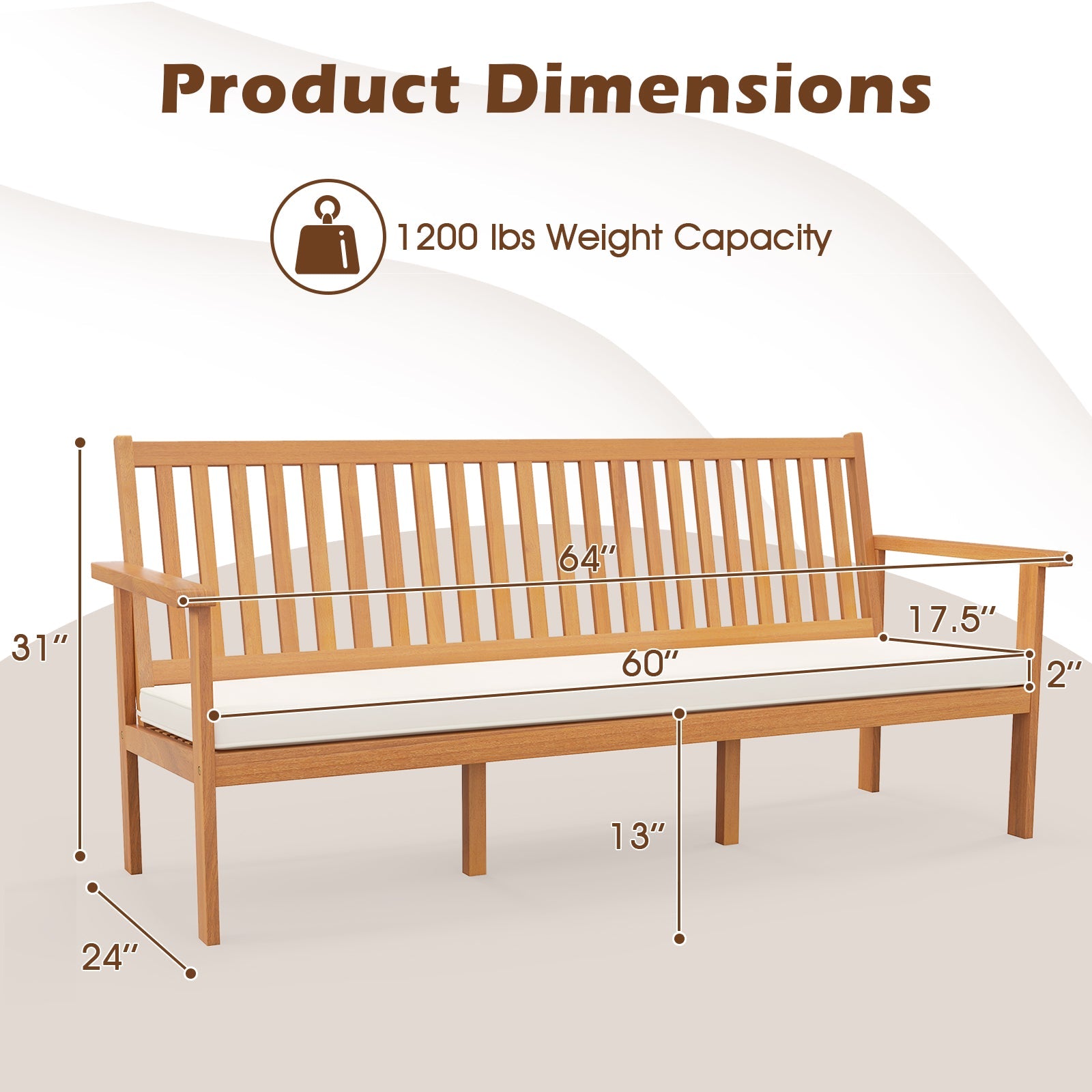 Outdoor 3-Seat Wood Bench with Seat Cushion and Slatted Seat-White - Tampa Home & Garden Store