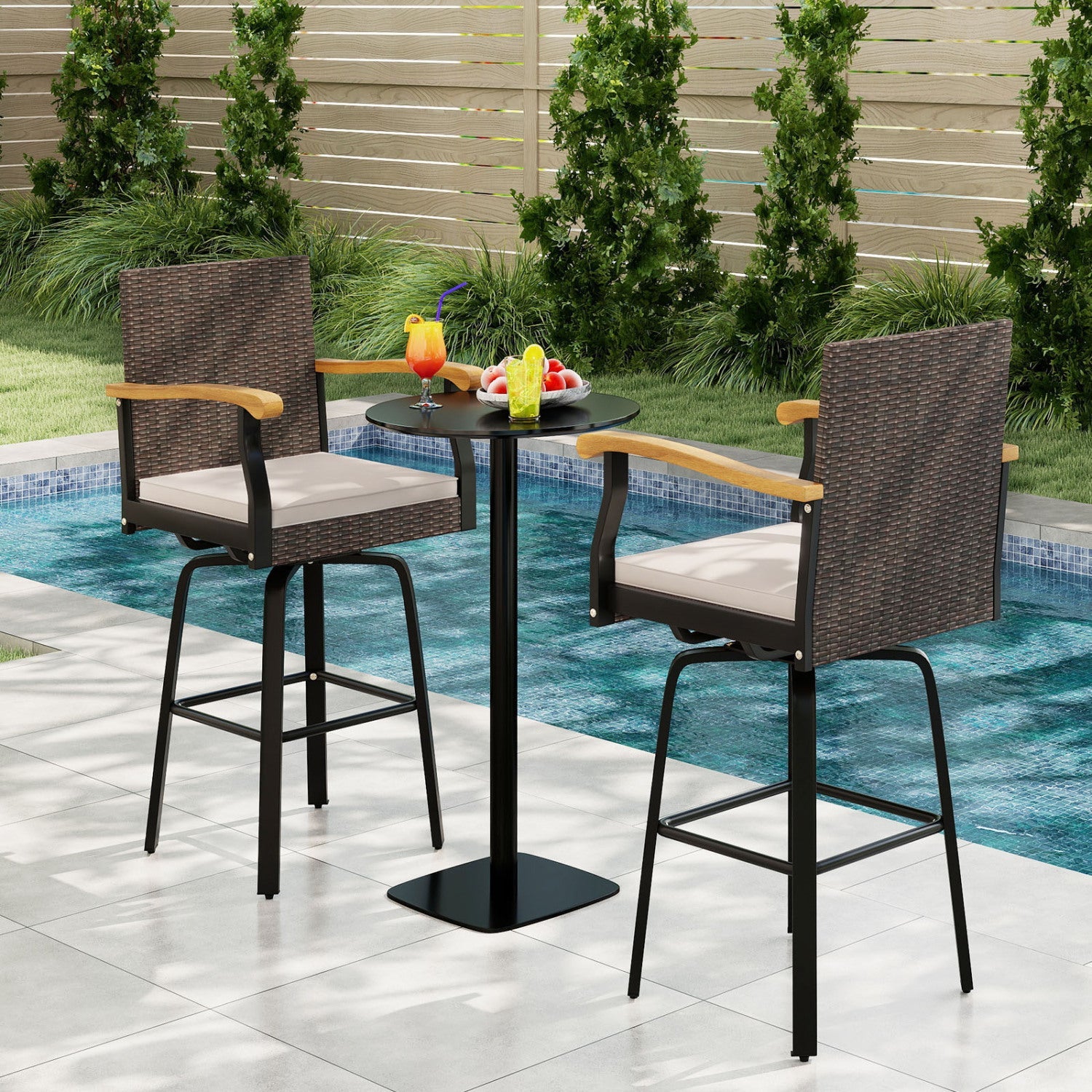 Bar stool set: 360° swivel outdoor with cushion and wood armrests, DirectDeals, 2 wicker stools on Tampa Home & Garden Store