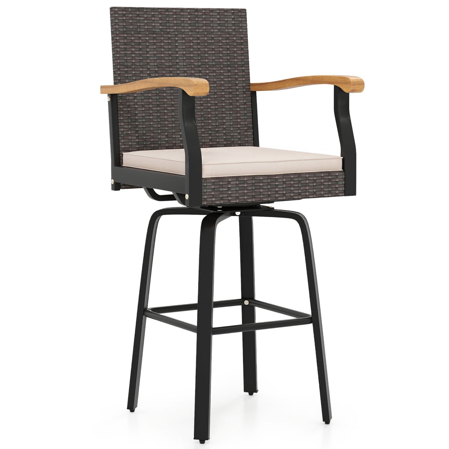 360° Swivel Outdoor Bar Stool with Cushion & Wood Armrests dark brown wicker, beige cushion, black metal base on Tampa Home & Garden Store