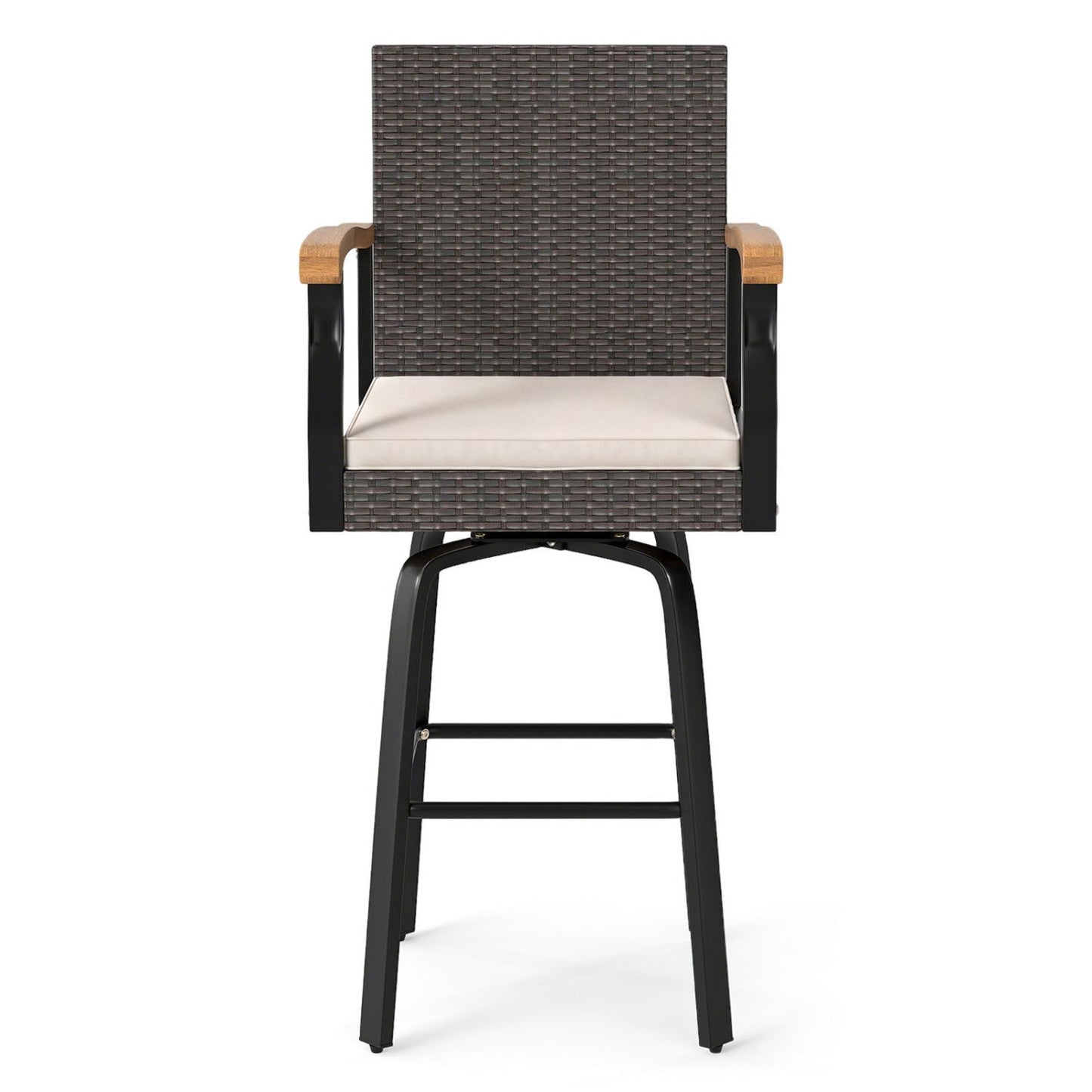 360° Swivel Outdoor Bar Stool with Cushion & Wood Armrests, dark wicker, beige cushion on Tampa Home & Garden Store