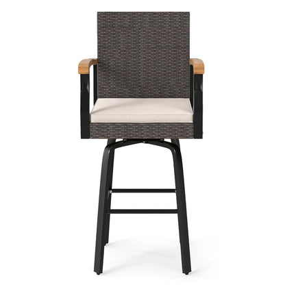 360° Swivel Outdoor Bar Stool with Cushion & Wood Armrests, dark wicker, beige cushion on Tampa Home & Garden Store