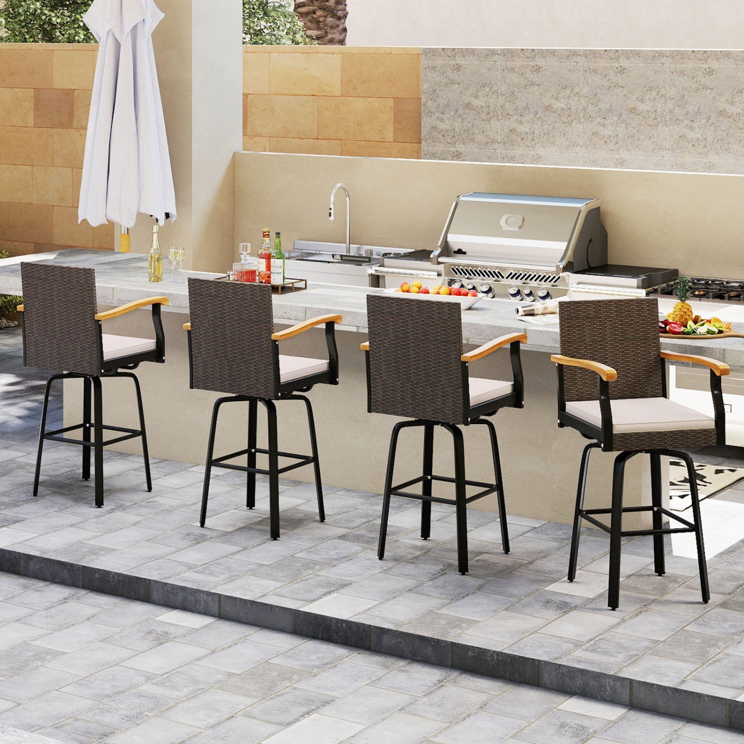 360° Swivel Outdoor Bar Stool with Cushion & Wood Armrests wicker seat beige cushions set of 5 on Tampa Home & Garden Store