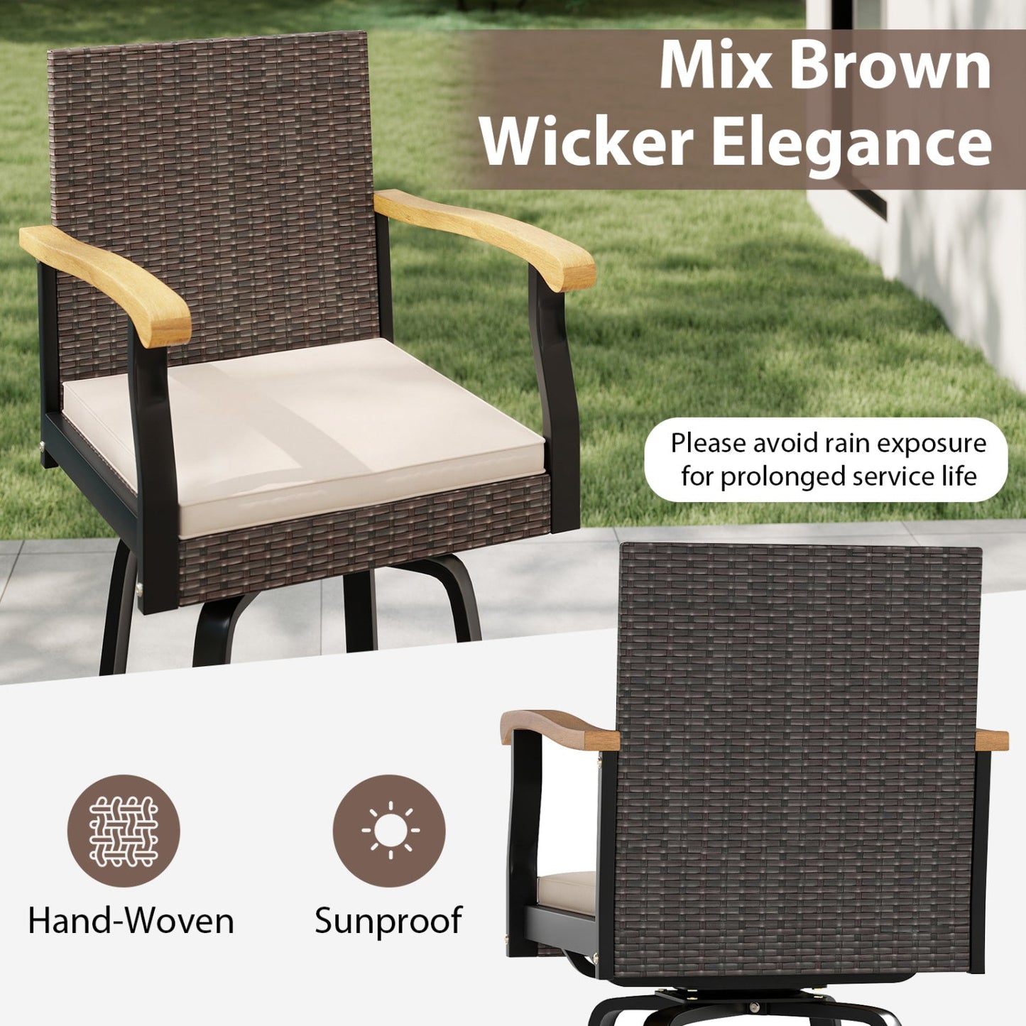360° Swivel Outdoor Bar Stool brown wicker with cushion & wood armrests DirectDeals on Tampa Home & Garden Store