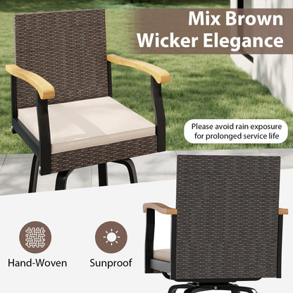 360° Swivel Outdoor Bar Stool brown wicker with cushion & wood armrests DirectDeals on Tampa Home & Garden Store