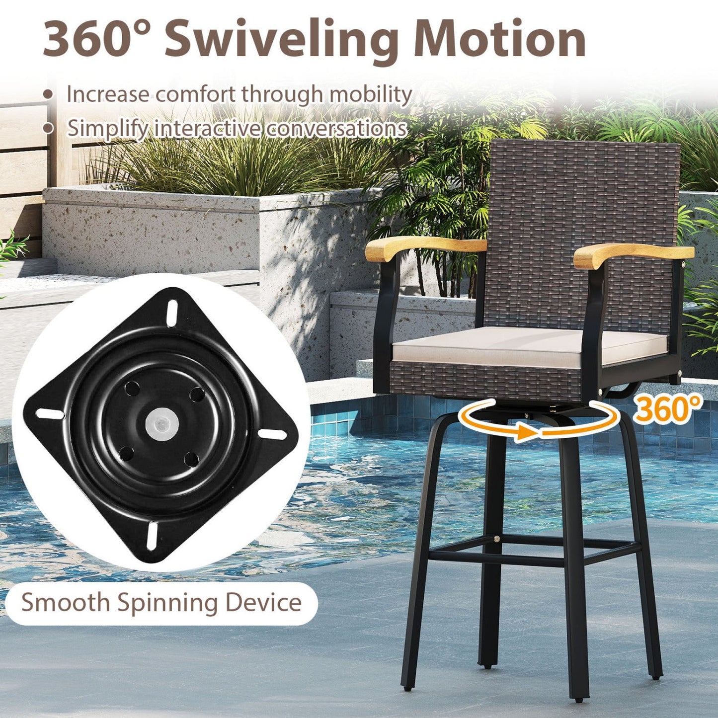 DirectDeals 360° Swivel Outdoor Bar Stool with Cushion & Wood Armrests, black frame on Tampa Home & Garden Store