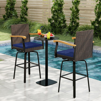 360° Swivel Bar Stool with Cushion & Wood Armrests, wicker back, blue seat, DirectDeals on Tampa Home & Garden Store