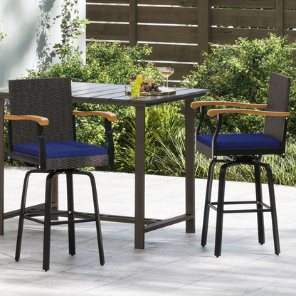 Pair of 360° Swivel Outdoor Bar Stools with Cushion & Wood Armrests, DirectDeals, blue cushions on Tampa Home & Garden Store