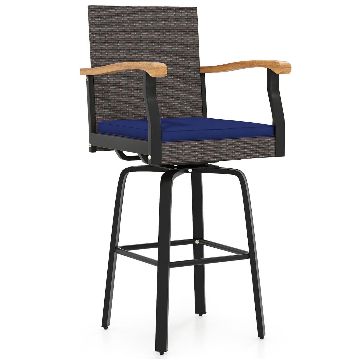 360° Swivel Outdoor Bar Stool with blue cushion, wicker back, wood armrests DirectDeals on Tampa Home & Garden Store
