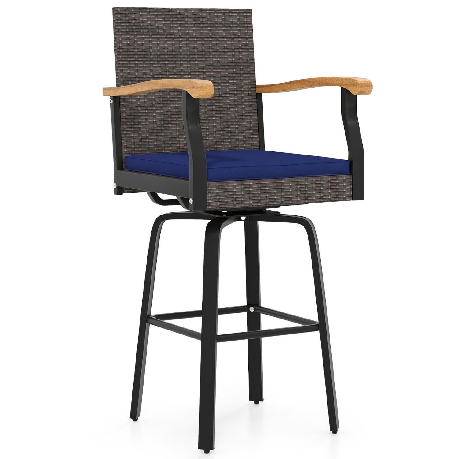 360° Swivel Outdoor Bar Stool with blue cushion, wicker back, wood armrests DirectDeals on Tampa Home & Garden Store