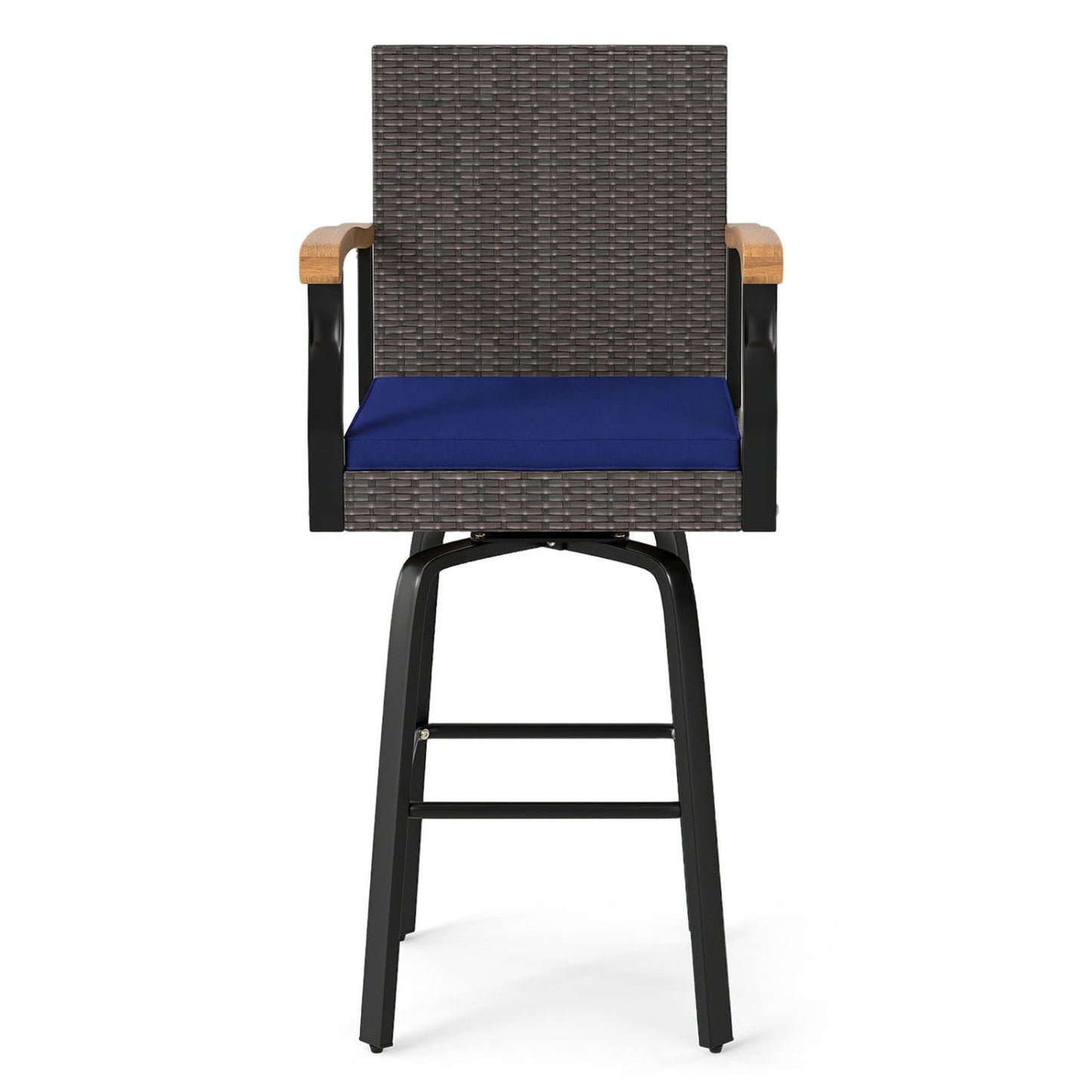 360° Swivel Outdoor Bar Stool with blue cushion, wicker back, wood armrests, black metal legs DirectDeals on Tampa Home & Garden Store