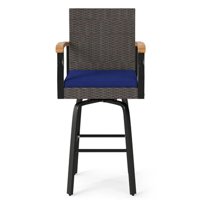 360° Swivel Outdoor Bar Stool with blue cushion, wicker back, wood armrests, black metal legs DirectDeals on Tampa Home & Garden Store