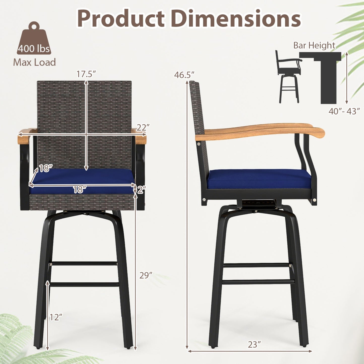 360° Swivel Outdoor Bar Stool with Navy Cushion & Wood Armrests DirectDeals 400 lb on Tampa Home & Garden Store