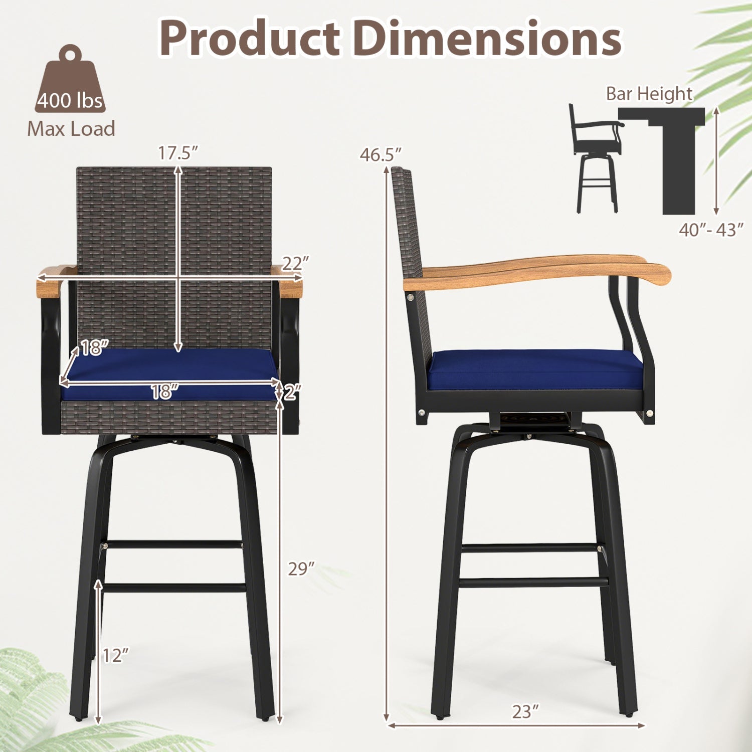360° Swivel Outdoor Bar Stool with Navy Cushion & Wood Armrests DirectDeals 400 lb on Tampa Home & Garden Store