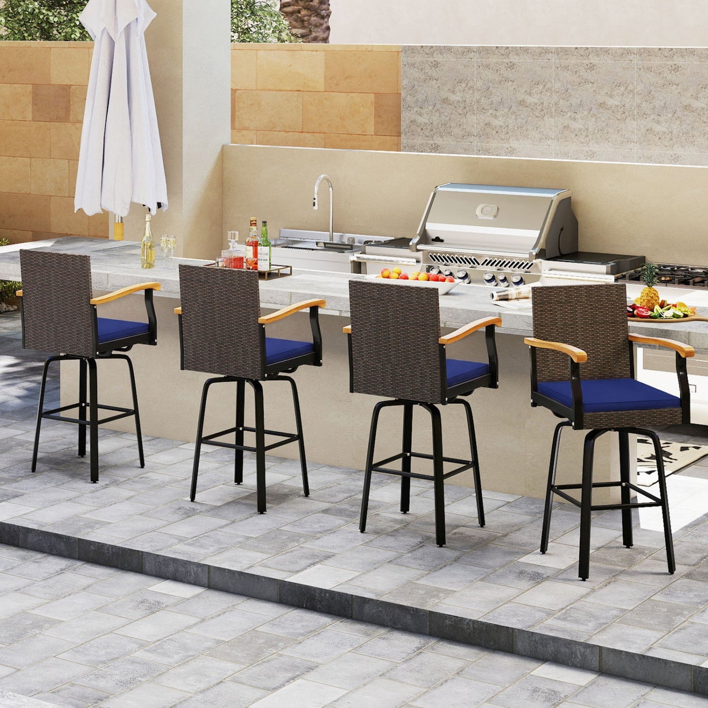 360° Swivel Outdoor Bar Stool with Cushion & Wood Armrests, dark wicker, blue cushion, 4-pack on Tampa Home & Garden Store