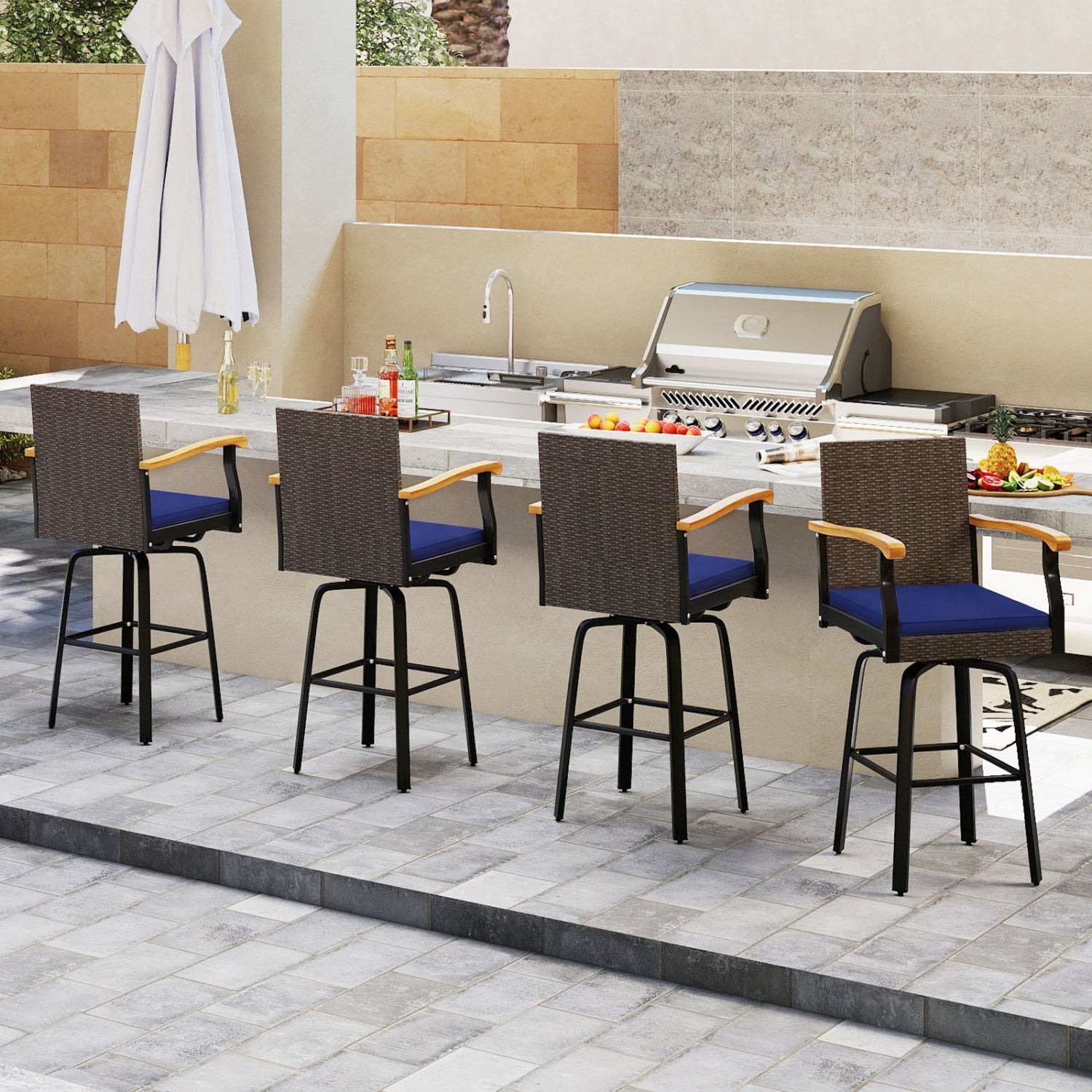360° Swivel Outdoor Bar Stool with Cushion & Wood Armrests, dark wicker, blue cushion, 4-pack on Tampa Home & Garden Store