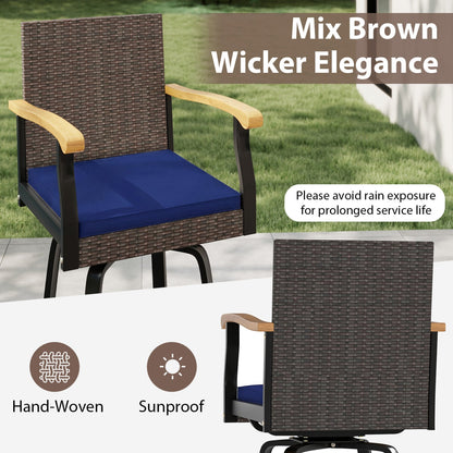360° Swivel Outdoor Bar Stool with blue cushion, brown hand-woven wicker, wood arms DirectDeals on Tampa Home & Garden Store