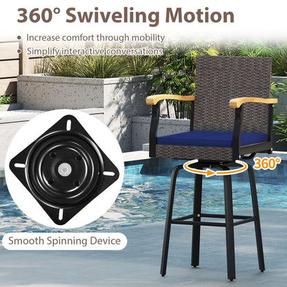 360° Swivel Outdoor Bar Stool with Cushion & Wood Armrests, brown wicker, blue cushion on Tampa Home & Garden Store