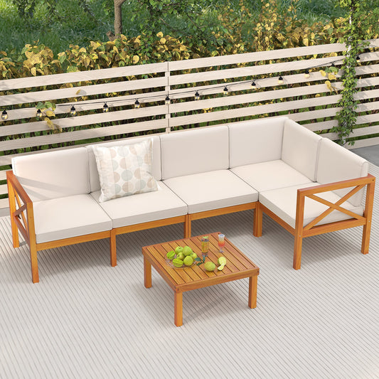 Outdoor 6 Pieces Acacia Wood Patio Sectional Furniture Set-Off White - Tampa Home & Garden Store