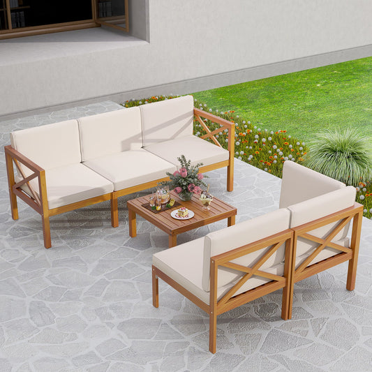 Outdoor 6 Pieces Acacia Wood Patio Sectional Furniture Set-Off White - Tampa Home & Garden Store