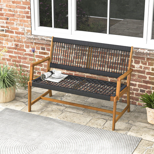 Outdoor Acacia Wood Bench with Rope Woven Backrest and Armrests for 2-Person - Tampa Home & Garden Store