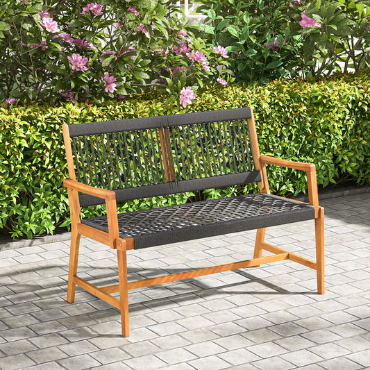 Outdoor Acacia Wood Bench with Rope Woven Backrest and Armrests for 2-Person - Tampa Home & Garden Store