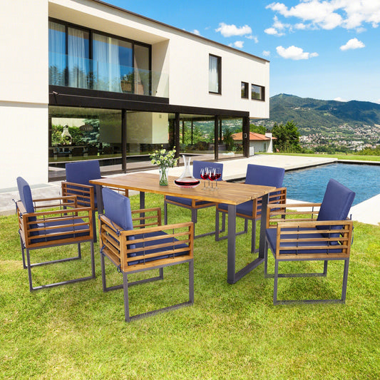 Outdoor Acacia Wood Patio Dining Chairs Set of 6 with Seat Back Cushions-Navy - Tampa Home & Garden Store