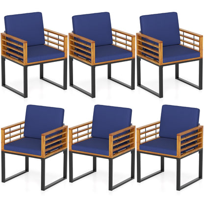 Outdoor Acacia Wood Patio Dining Chairs Set of 6 with Seat Back Cushions-Navy