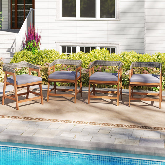 Outdoor Acacia Wood Patio Wicker Dining Chairs Set of 4 with Seat Cushion-Gray - Tampa Home & Garden Store