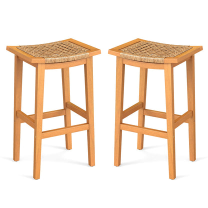 Outdoor Acacia Wood Bar Stools Set of 2 with PE Rattan Seats and Backrests