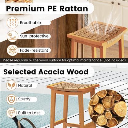 Outdoor Acacia Wood Bar Stools Set of 2 with PE Rattan Seats and Backrests