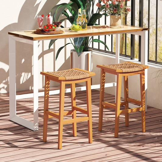 Outdoor Acacia Wood Bar Stools Set of 2 with PE Rattan Seats and Backrests - Tampa Home & Garden Store