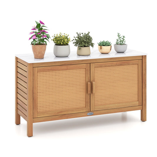 Outdoor Acacia Wood Storage Cabinet with Marble Top and cane-woven doors DirectDeals on Tampa Home & Garden Store