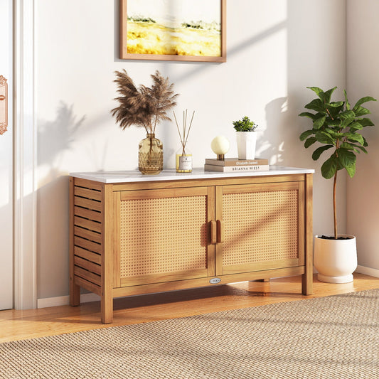Outdoor acacia wood cabinet with marble top, natural finish, woven rattan doors DirectDeals on Tampa Home & Garden Store