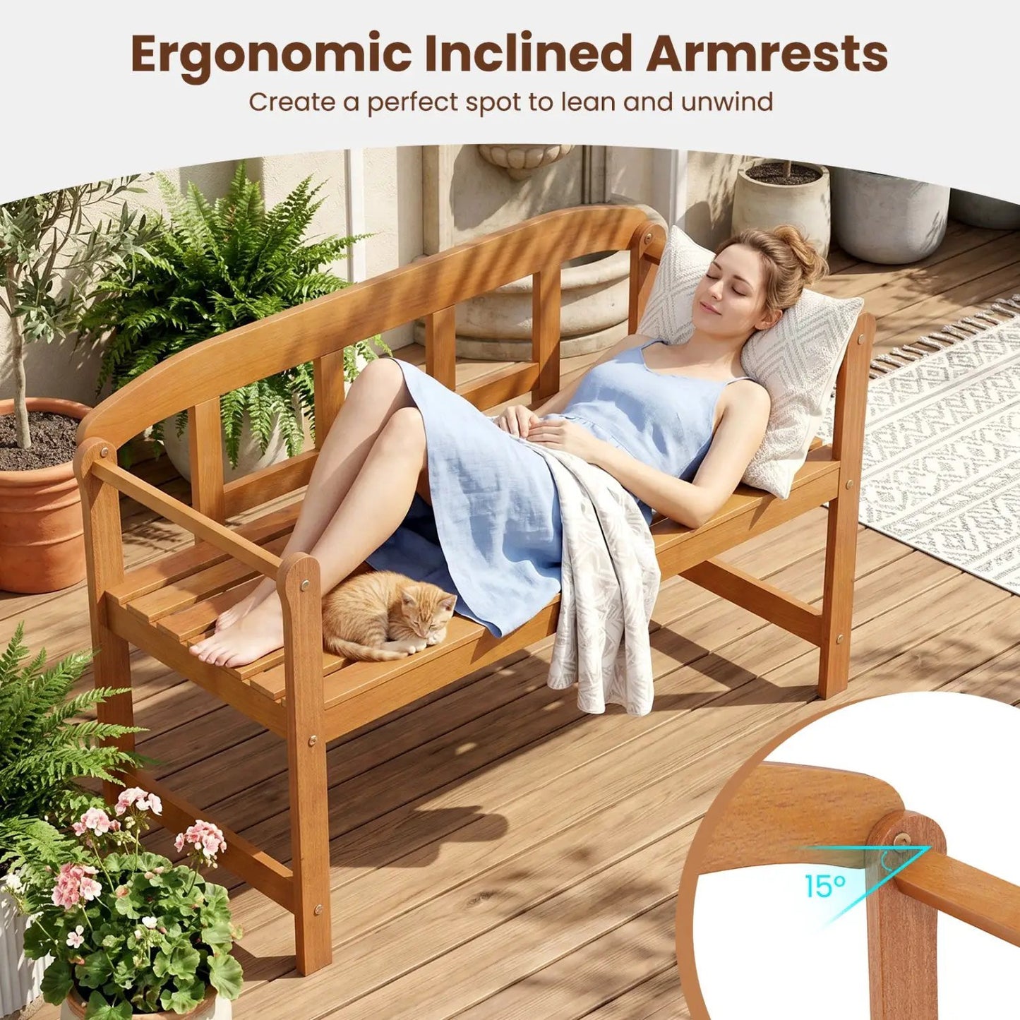 Acacia Wood Garden Bench With Backrest and Arms
