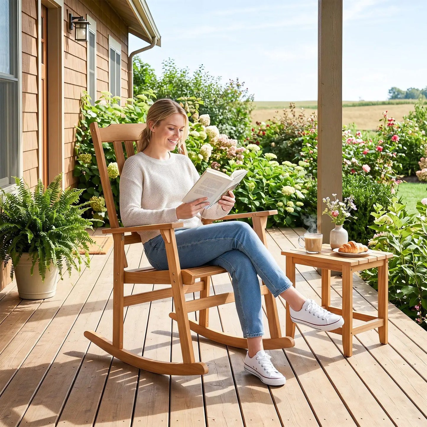 Acacia Wood Rocking Chair with High Back Patio