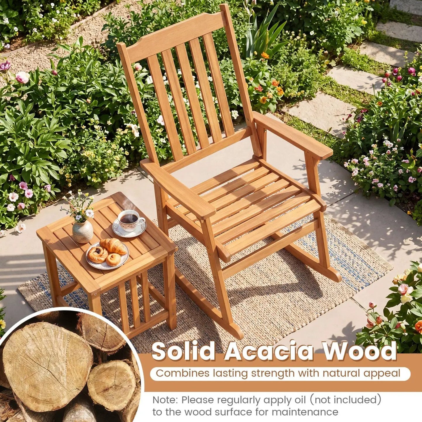 Acacia Wood Rocking Chair with High Back Patio