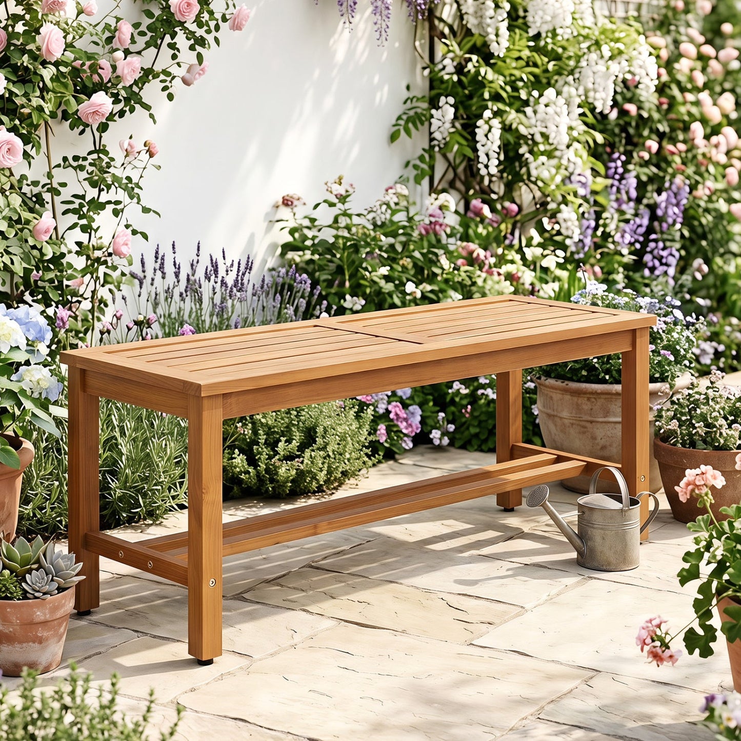 Acacia Wood Patio Bench for Two with Slatted Seat