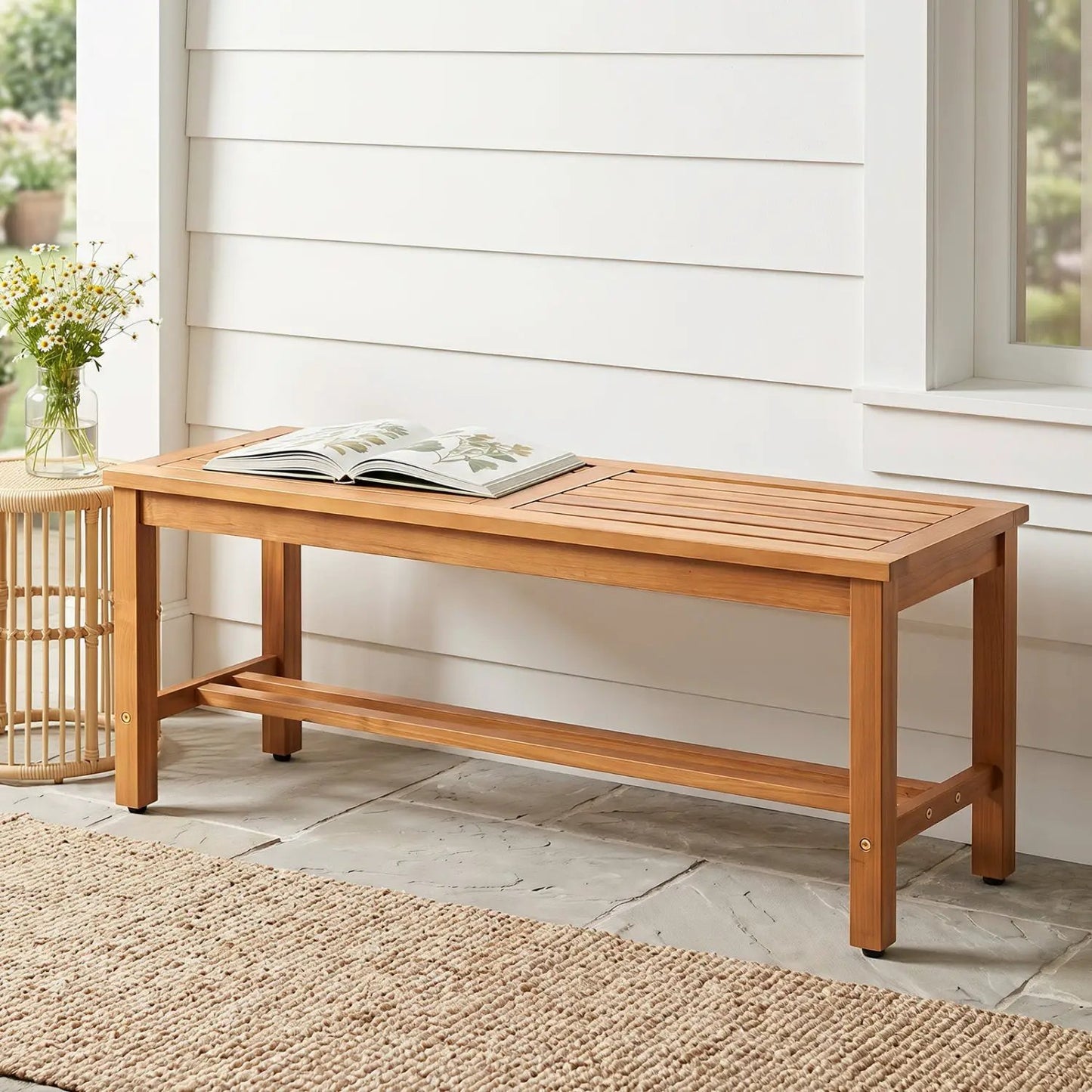 Acacia Wood Patio Bench for Two with Slatted Seat