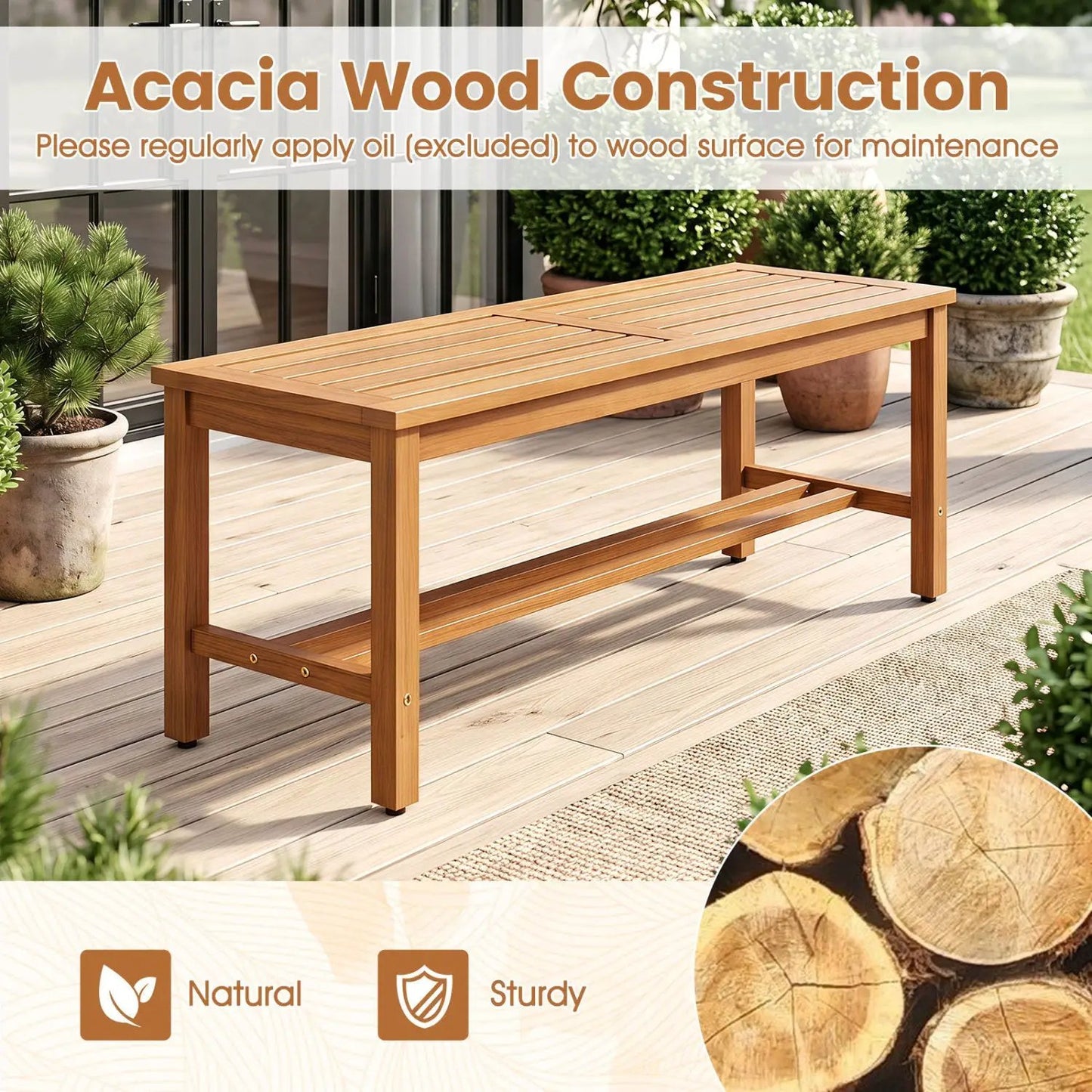 Acacia Wood Patio Bench for Two with Slatted Seat