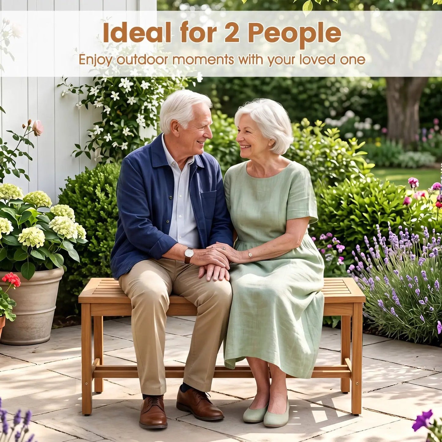 Acacia Wood Patio Bench for Two with Slatted Seat