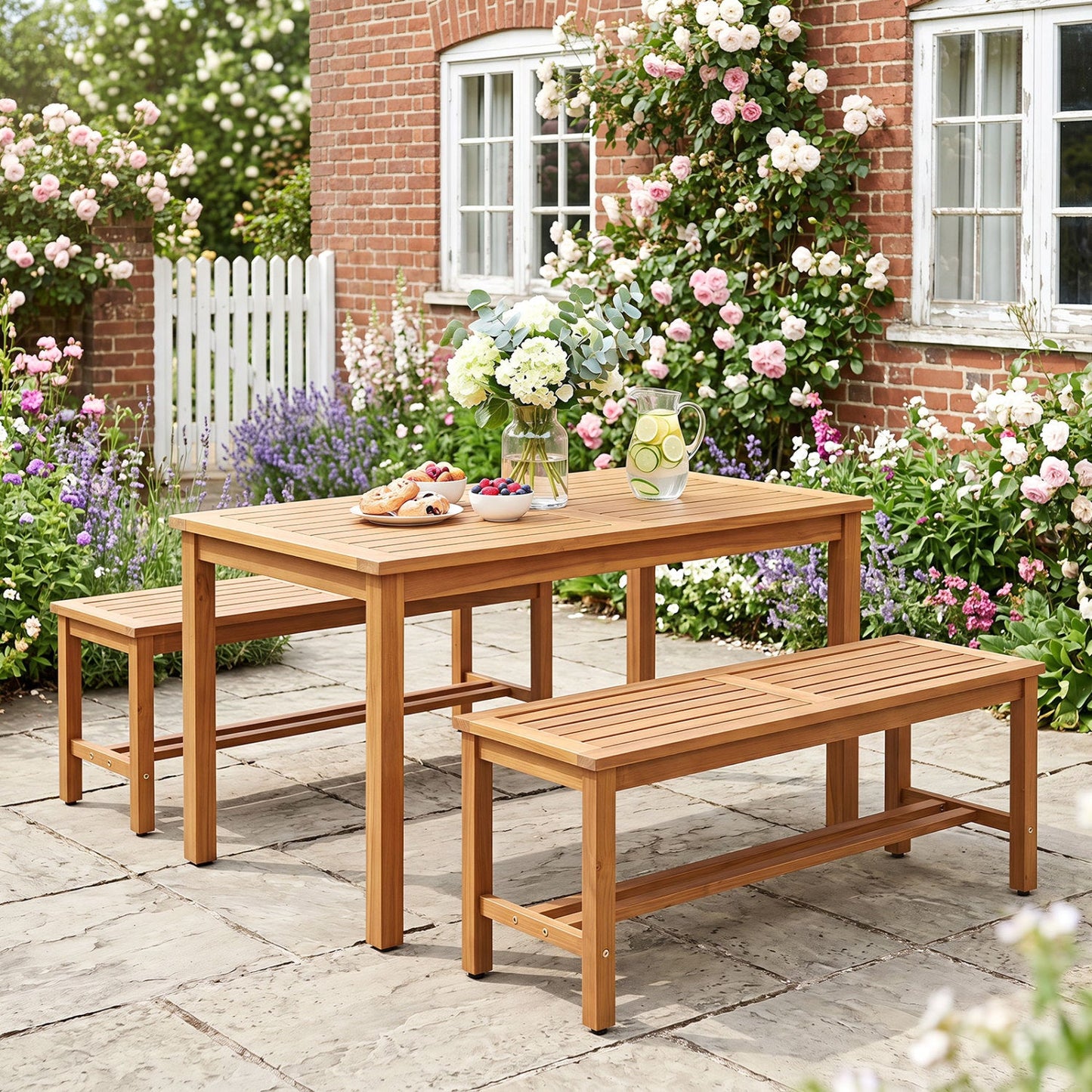 Acacia Wood Patio Bench for Two with Slatted Seat