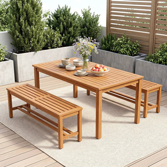Acacia Wood Patio Bench for 2 with Slatted Seat DirectDeals dining set table & 2 benches on Tampa Home & Garden Store