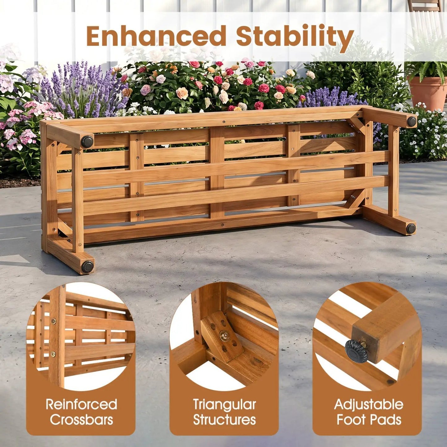Acacia Wood Patio Bench for Two with Slatted Seat