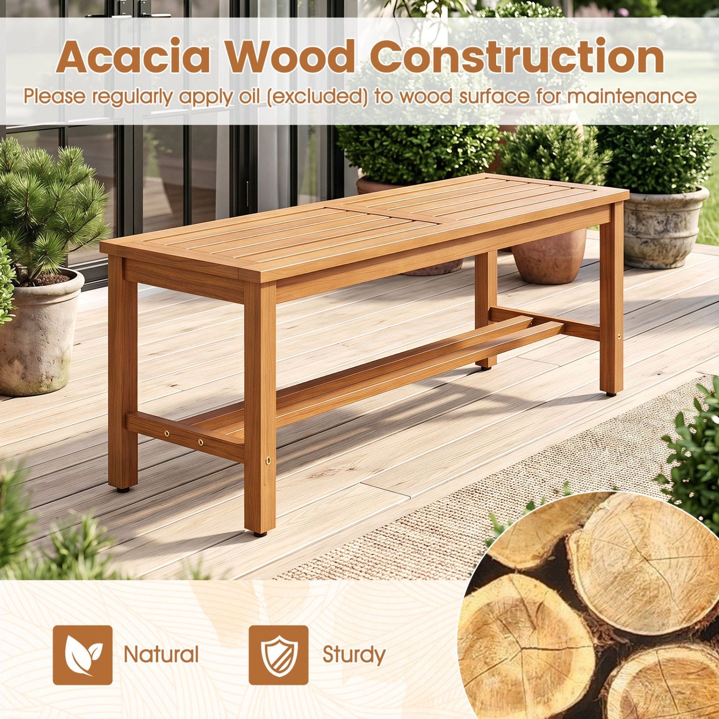 Acacia Wood Patio Bench for Two with Slatted Seat