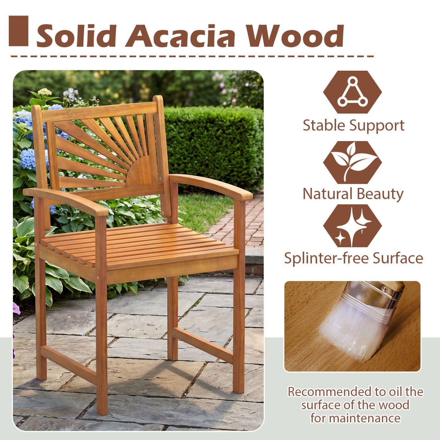 Acacia wood patio dining chairs set of 2, natural finish, slat back and armrests DirectDeals on Tampa Home & Garden Store
