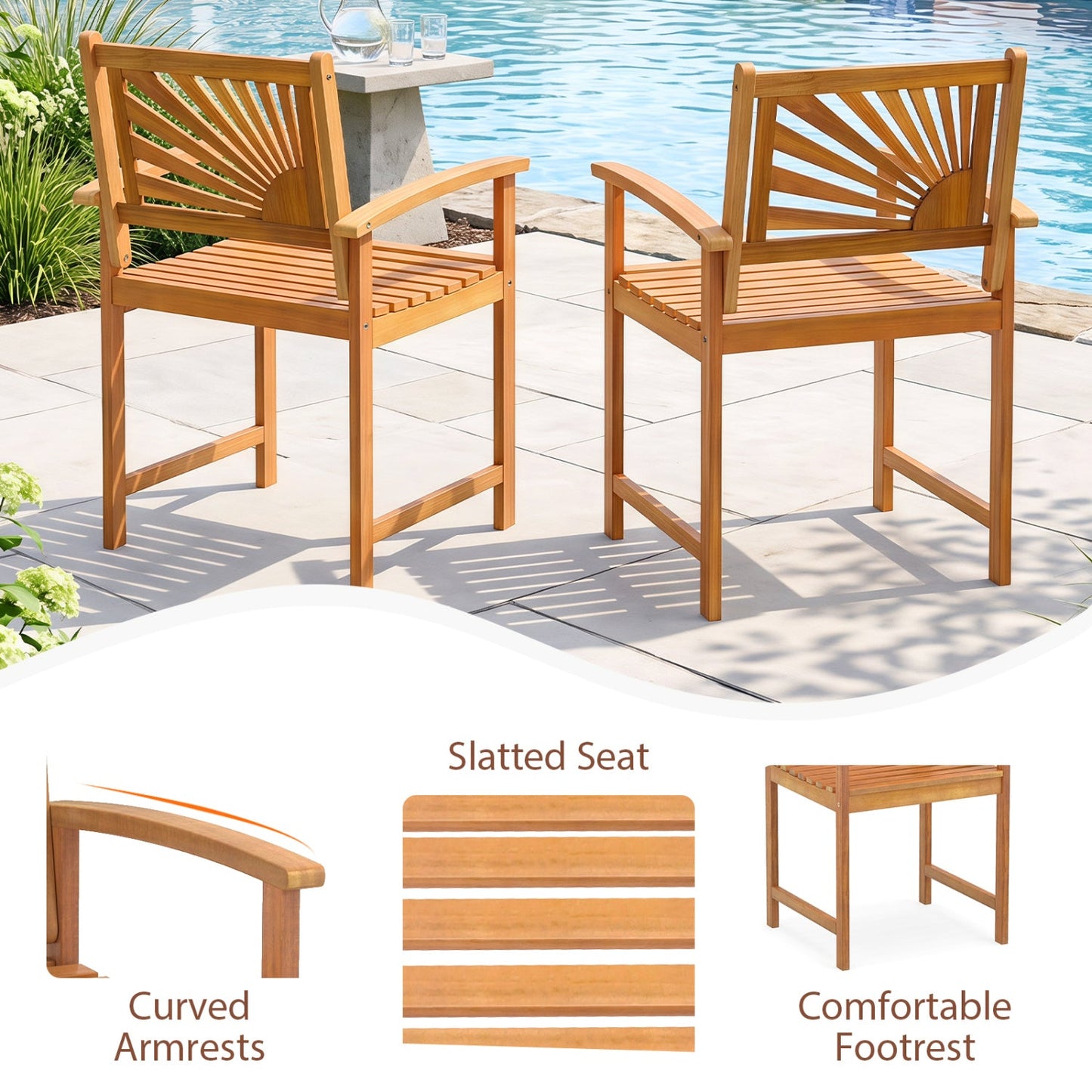 Acacia wood patio dining chairs set of 2 DirectDeals, slatted seats and curved armrests on Tampa Home & Garden Store
