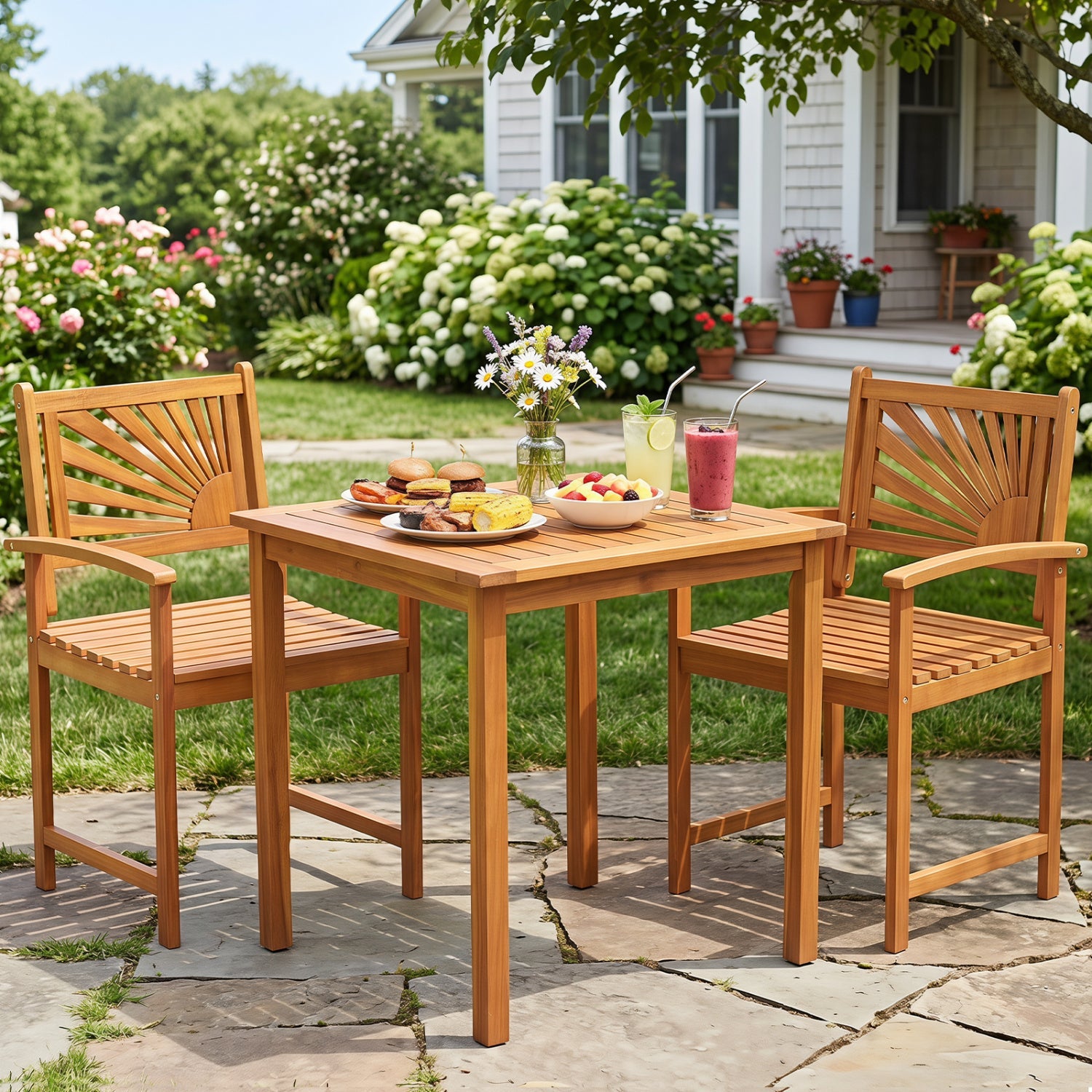 Acacia Wood Patio Dining Chairs - Set of 2, natural finish with slatted back by DirectDeals on Tampa Home & Garden Store