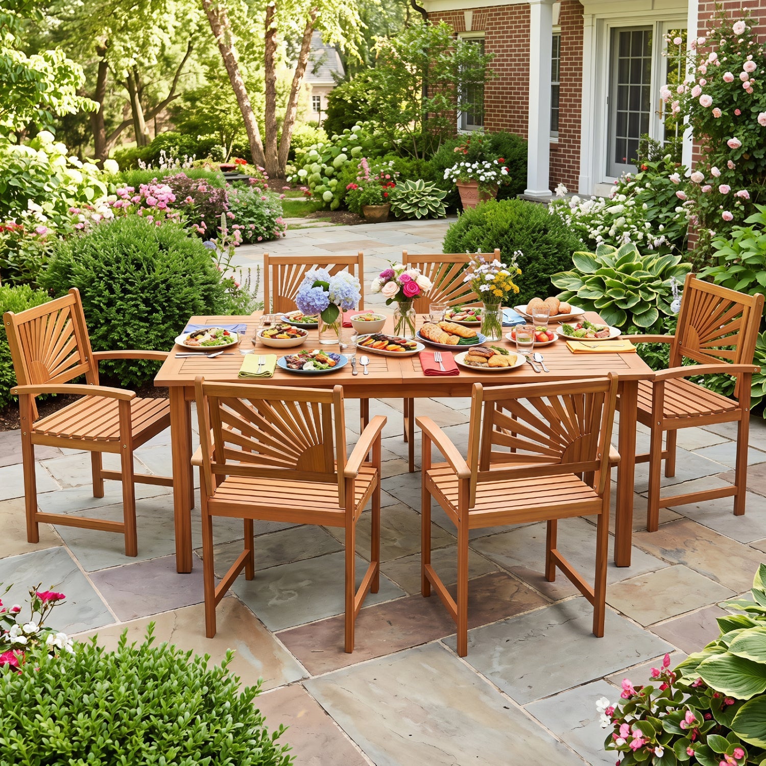 Acacia Wood Patio Dining Chairs DirectDeals set of 2 with slatted backs around a wooden table on Tampa Home & Garden Store